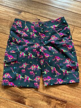 Shredly Multicolor Dinosaur on Black Athletic Shorts, size 0